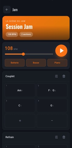 Le studio jam sur téléphone : la grille d'accords avec basse, batterie et piano