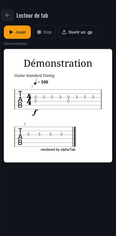 Lecteur de tablature dans l'application : portée, tablature et lecture audio