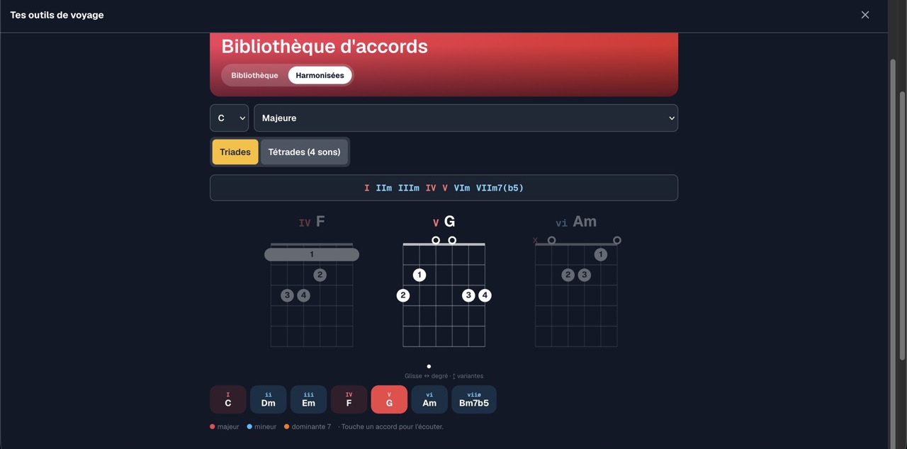Bibliothèque d'accords de guitare : diagrammes clairs, écoute en plaqué et en arpège